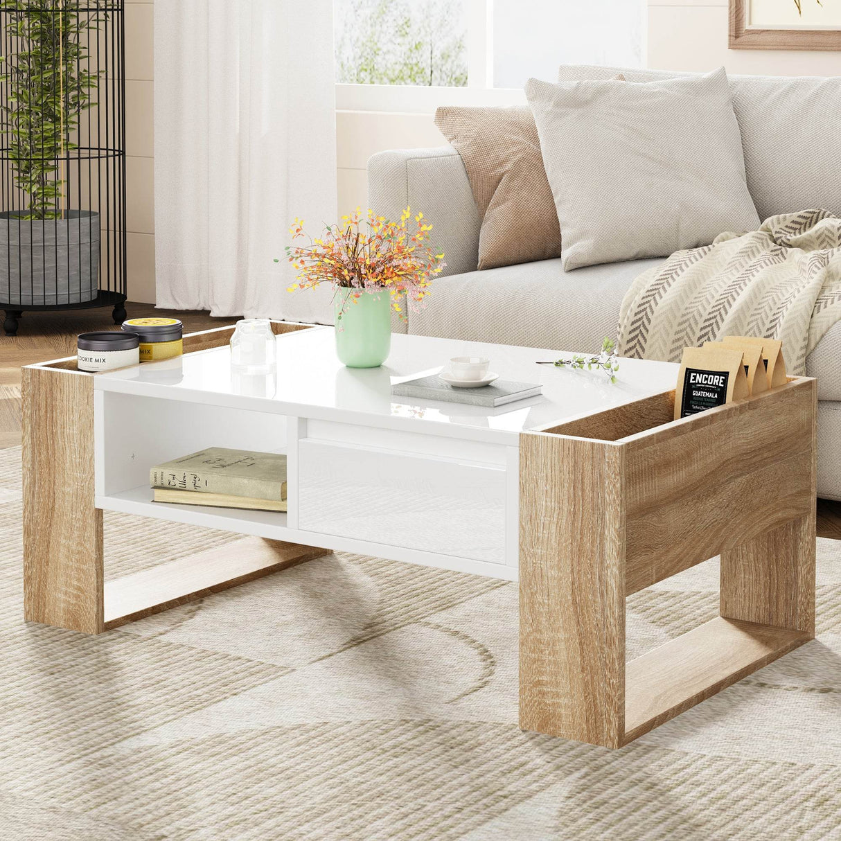 High Glossy White Coffee Table With Drawers - Sleep Galleria