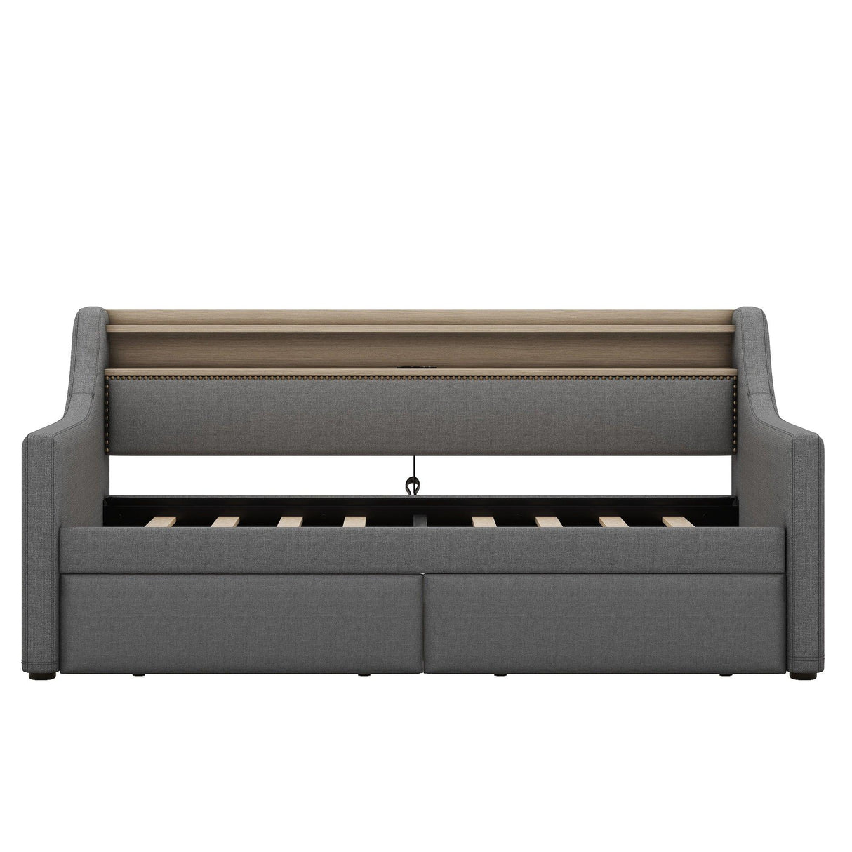 Twin Linen Upholstered Daybed With Storage Drawers Charging Station - Omega Lifestyles