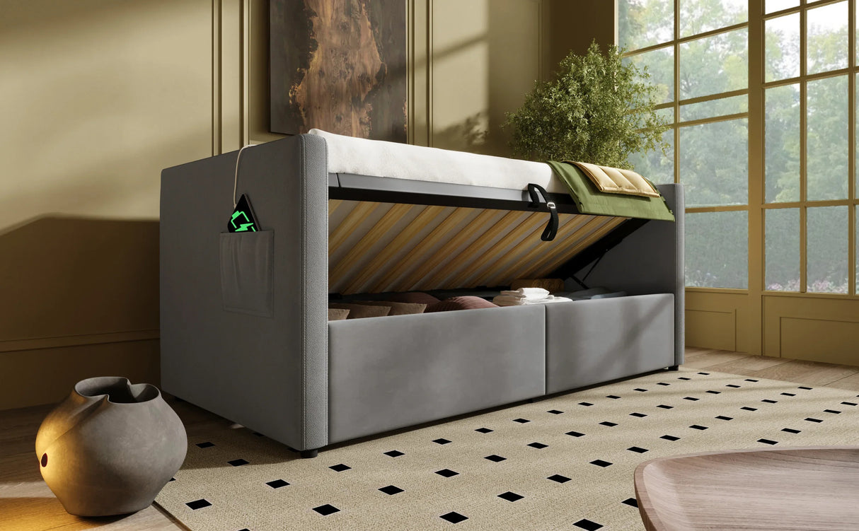 Twin Gray Velvet Upholstered Hydraulic Storage Daybed With USB Charging - Omega Lifestyles
