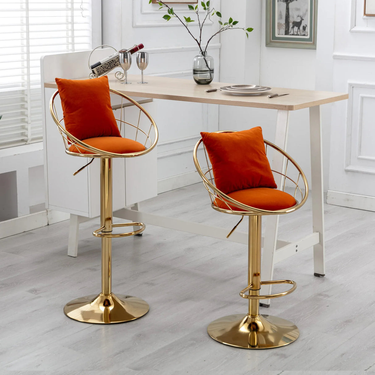Set of 2 Orange Velvet Adjustable Height Bar Chairs - Omega Lifestyles