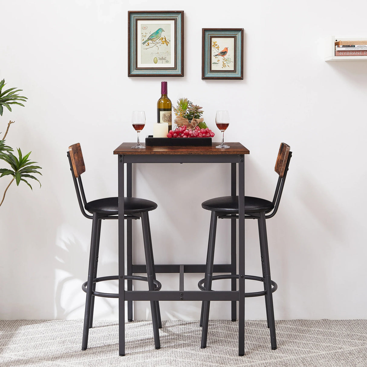 Rustic Brown Bar Table Set With 2 PU Upholstered Stools - Omega Lifestyles