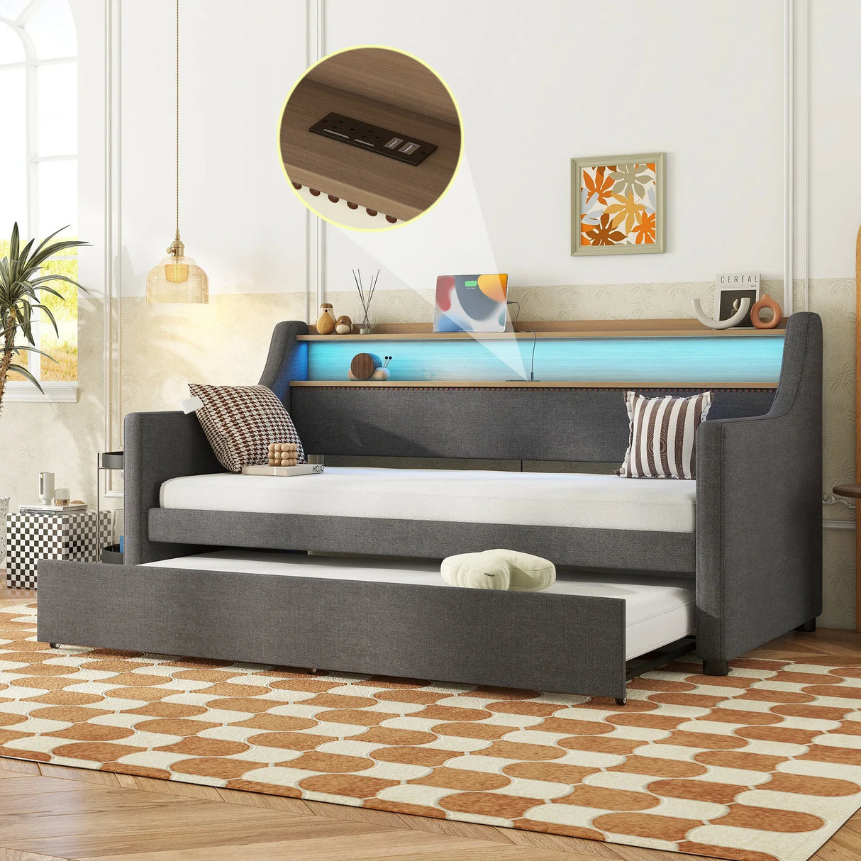 Twin Linen Upholstered Daybed With Trundle Charging Station - Omega Lifestyles