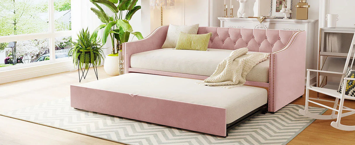 Twin Upholstered Velvet Daybed With Pop Up Trundle - Omega Lifestyles