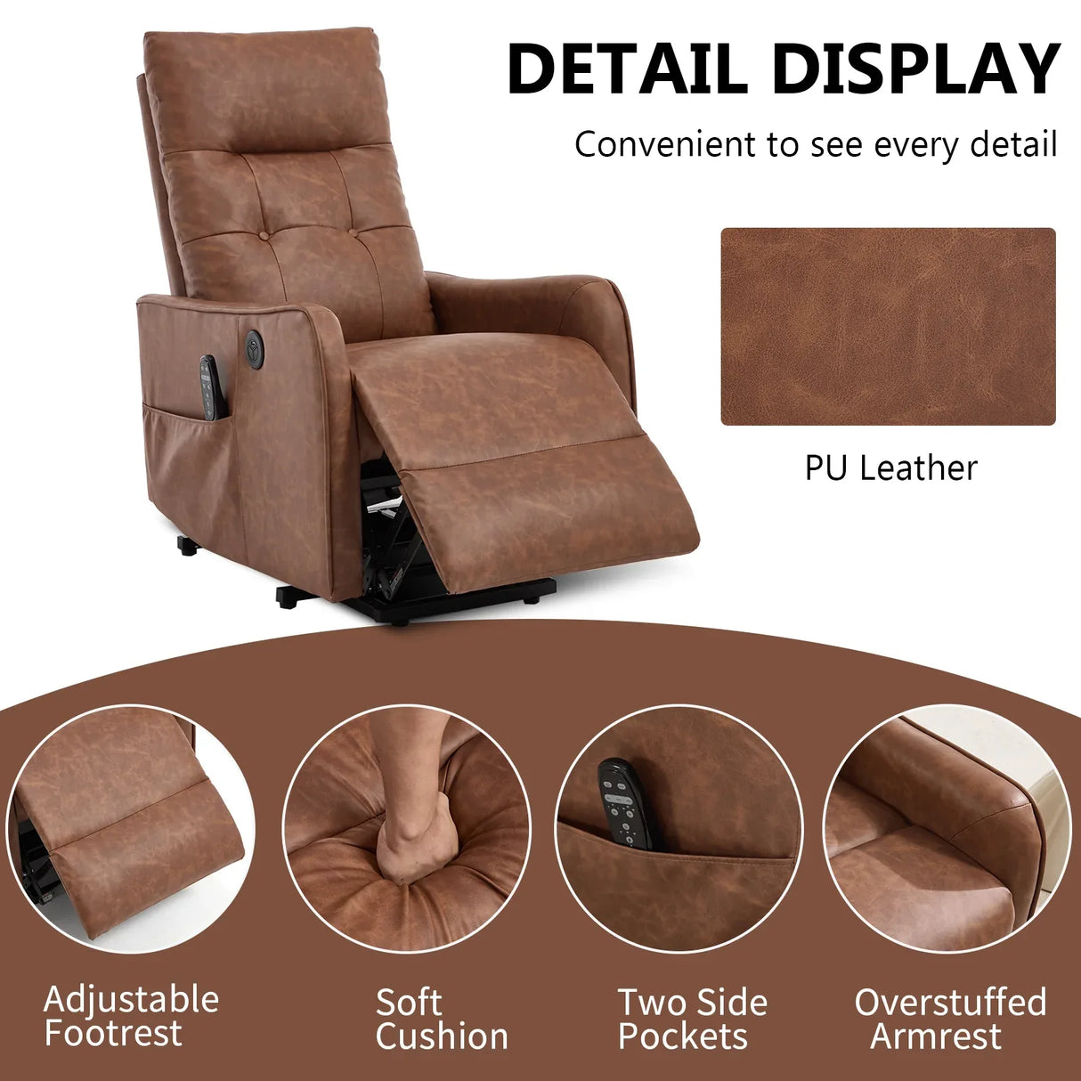 Brown Faux Leather Power Lift Recliner Chair With Massage Heat - Omega Lifestyles