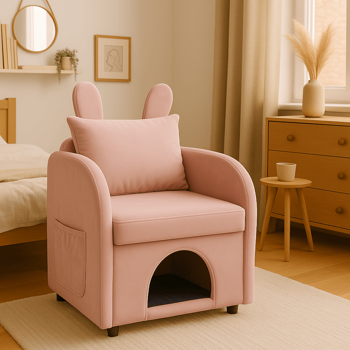 Velvet Pink Bunny Ear Pet-Friendly Armchair With Hideaway - Omega Lifestyles