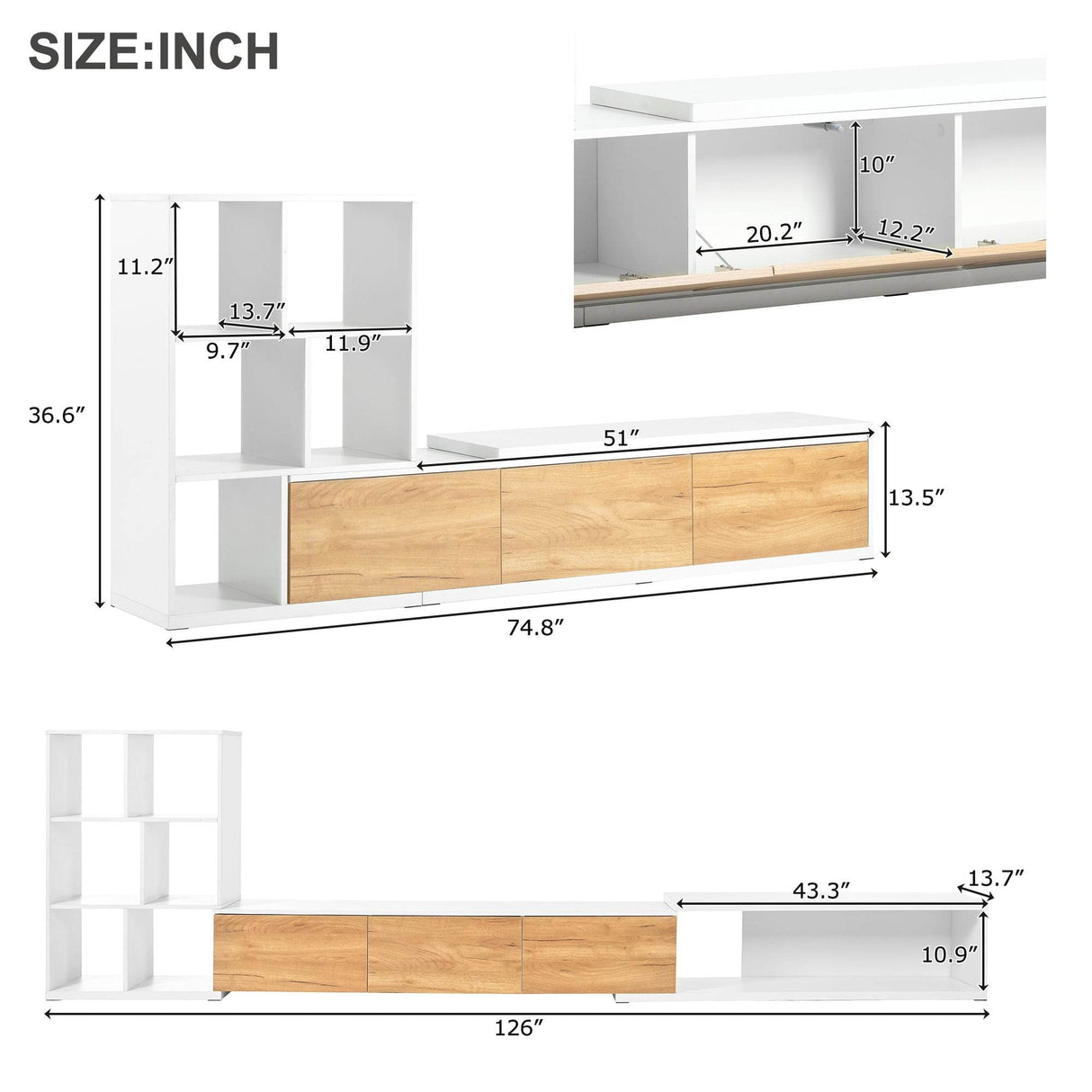 Adjustable Extendable White MDF TV Stand With Storage - Sleep Galleria