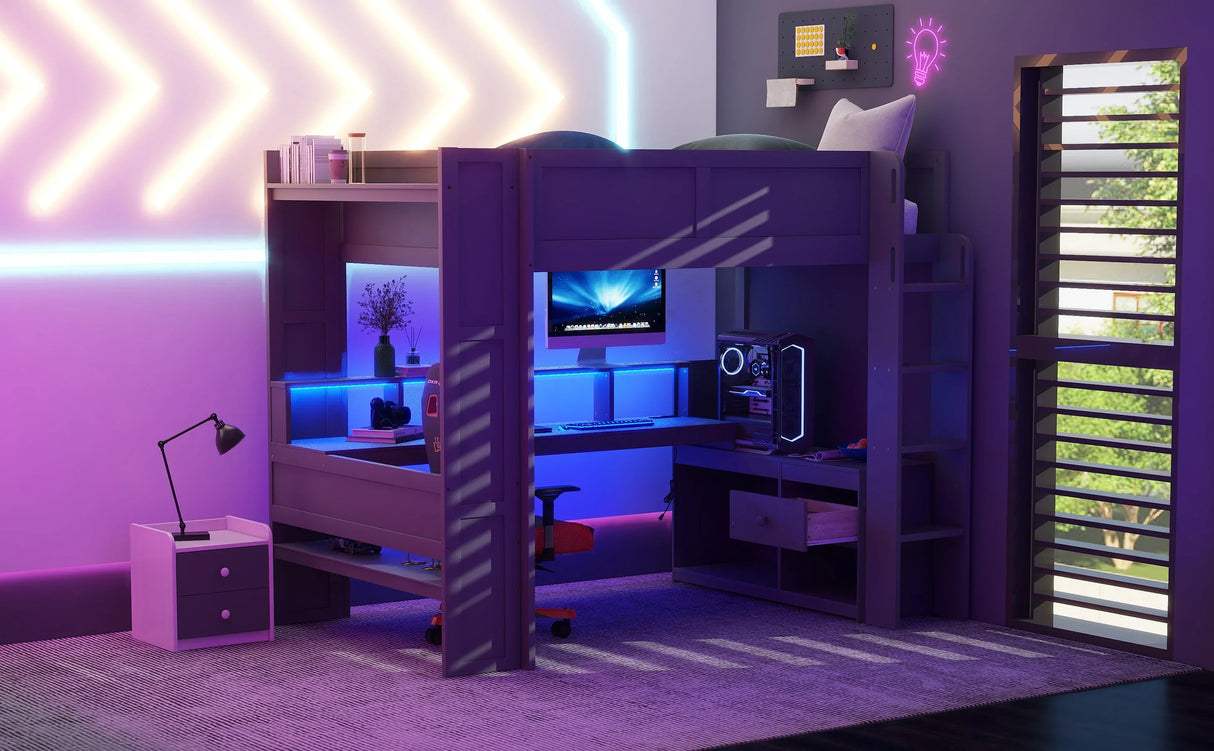 Full Wood Gaming Loft Bed Frame With Desk LED Charging Station - Omega Lifestyles