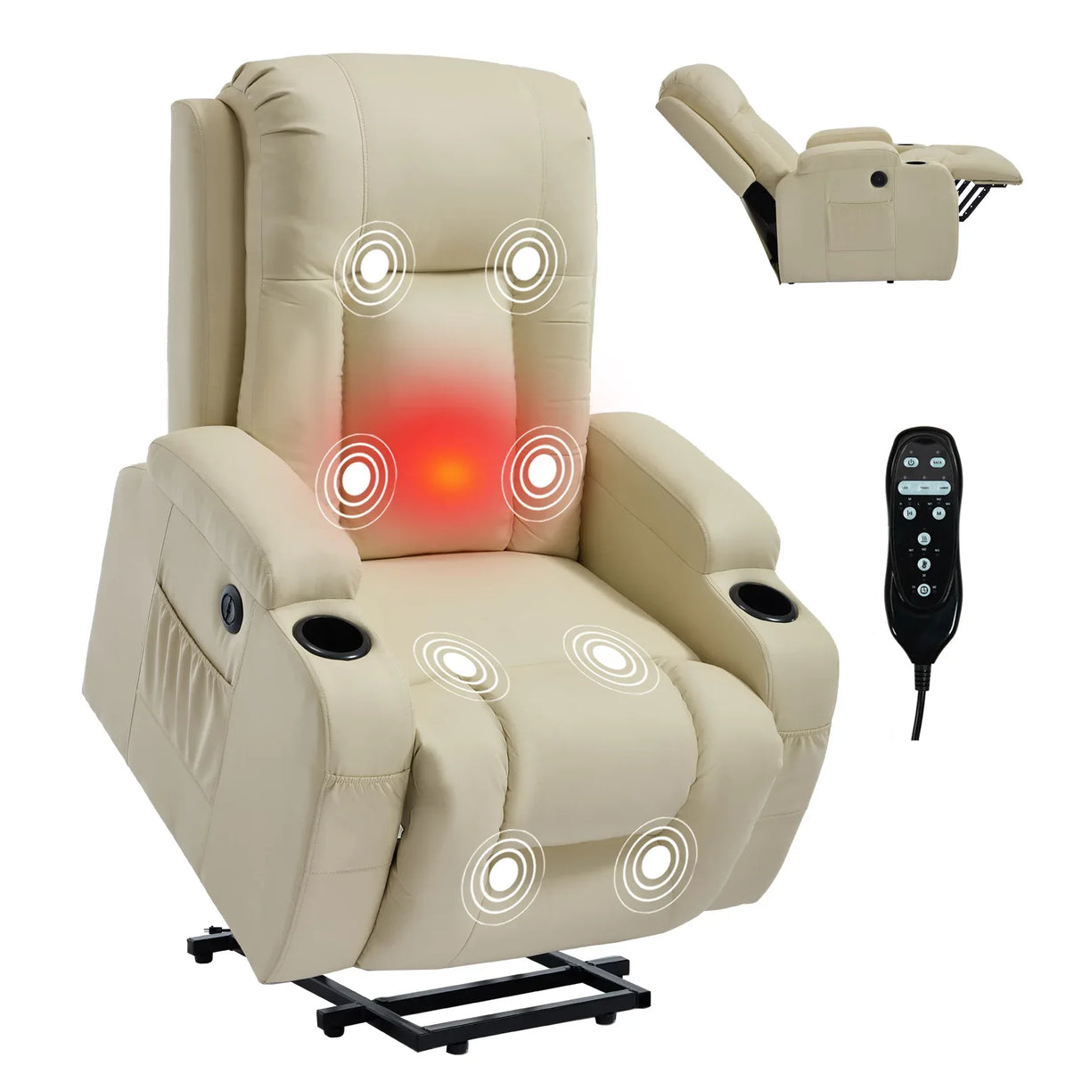Beige PU Leather Power Lift Massage Recliner Chair - Omega Lifestyles