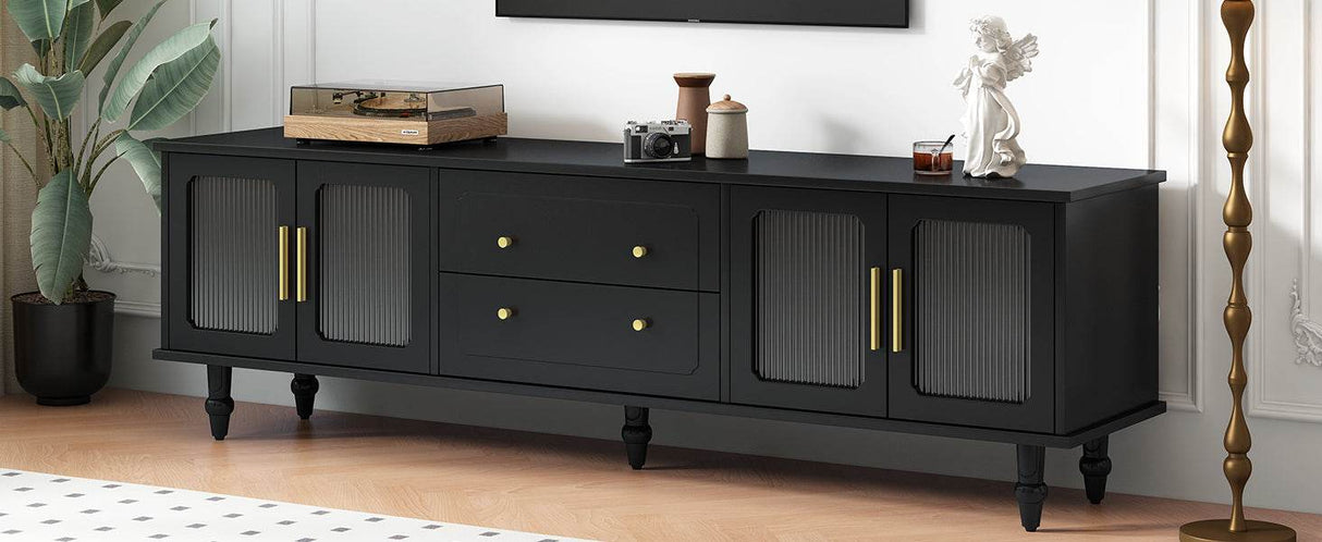 Retro Vintage Black TV Stand With Fluted Glass Doors - Sleep Galleria