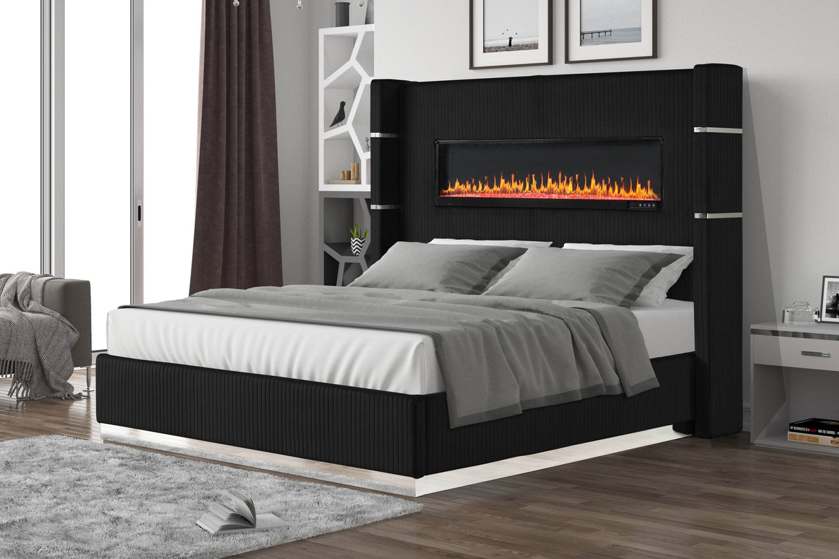 Modern Queen Wood Velvet Upholstered Bed Frame With Fireplace