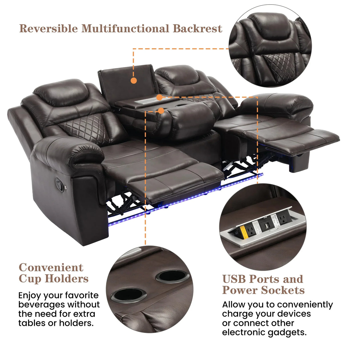 Manual Faux Leather Recliner Chair With LED Light Strip - Omega Lifestyles