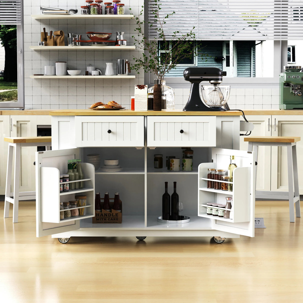 48-Inch Classic Kitchen Island With 2 Bar Stools and Power Outlet - Omega Lifestyles