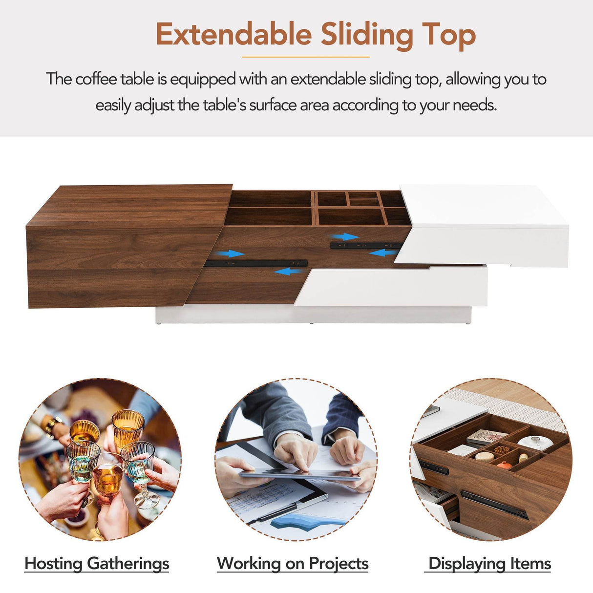 Modern Extendable Sliding Top White Walnut Coffee Table - Sleep Galleria