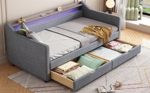 Twin Linen Upholstered Daybed Frame With Storage Drawers - Omega Lifestyles