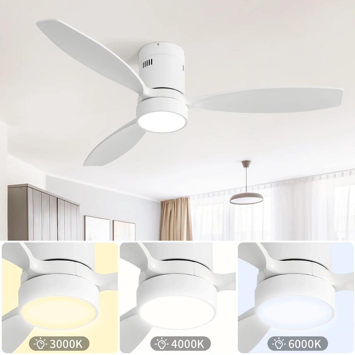 52-Inch Modern Wooden Flush Mount Ceiling Fan With Light - Omega Lifestyles