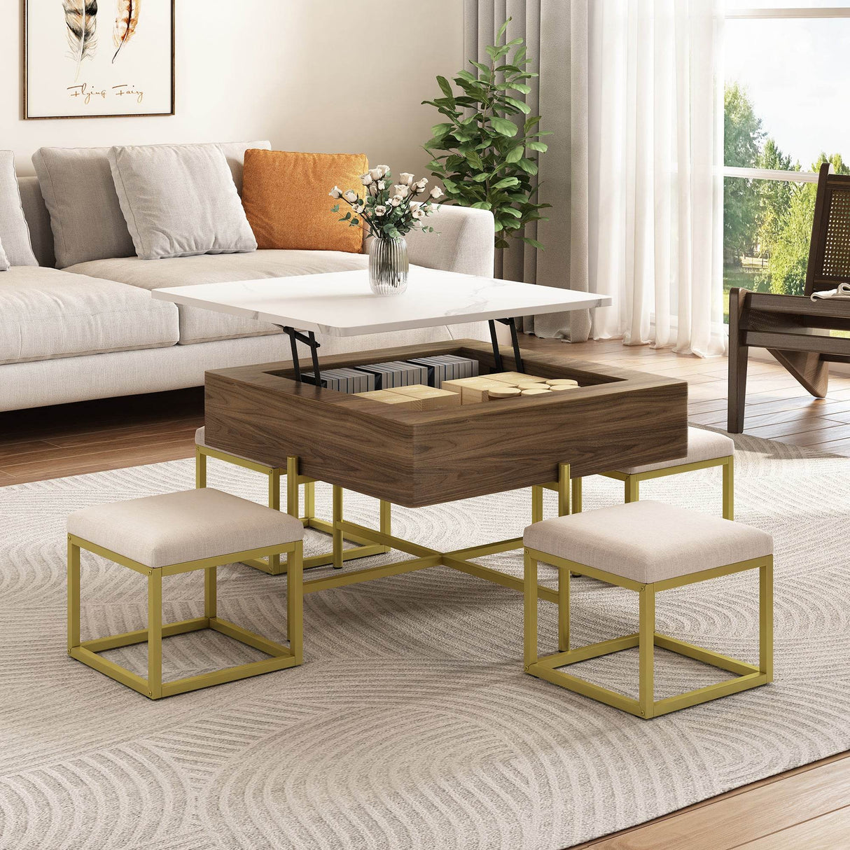 Modern Square Lift-Top Coffee Table Set With Ottomans - Sleep Galleria