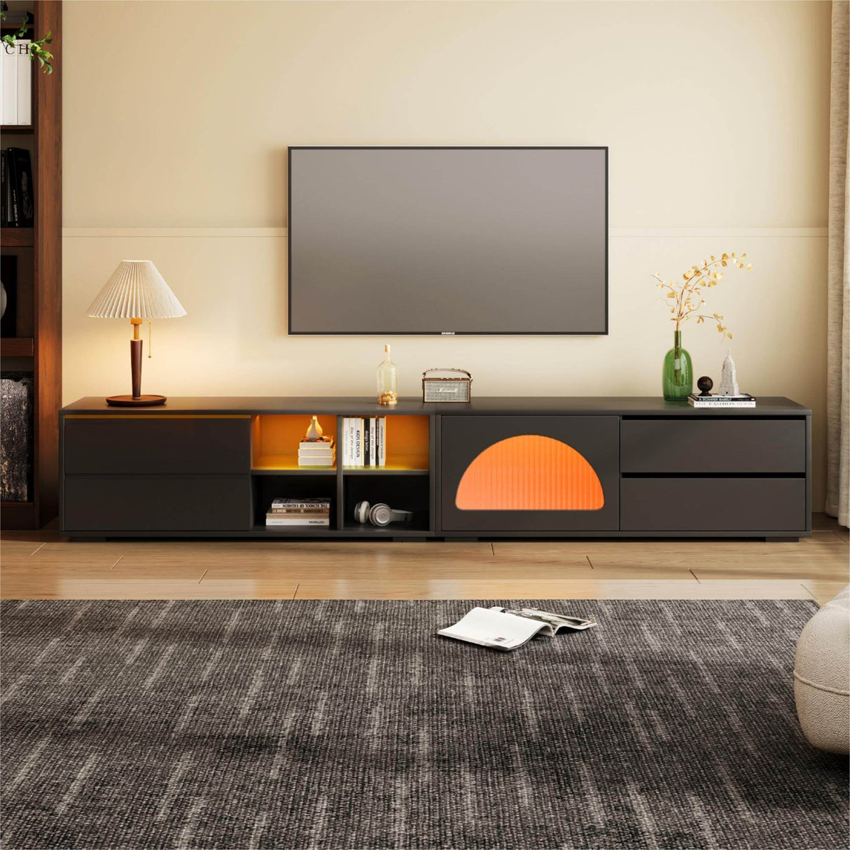 Modern Black TV Stand With LED Light And Storage - Sleep Galleria