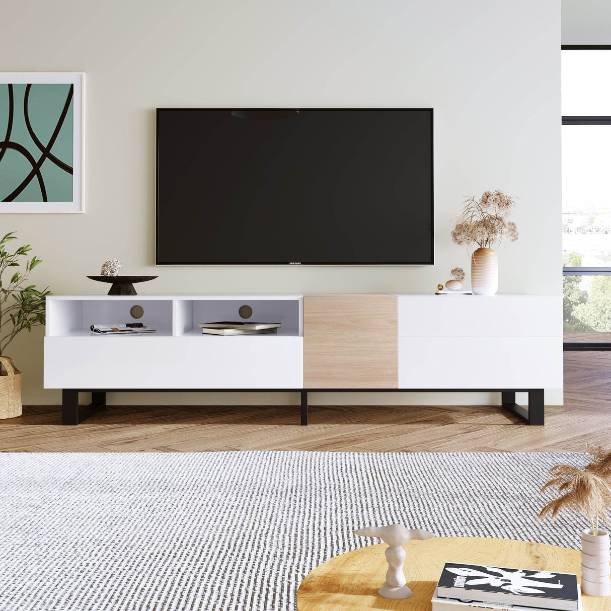 Modern White Particle Board TV Stand With Storage - Sleep Galleria