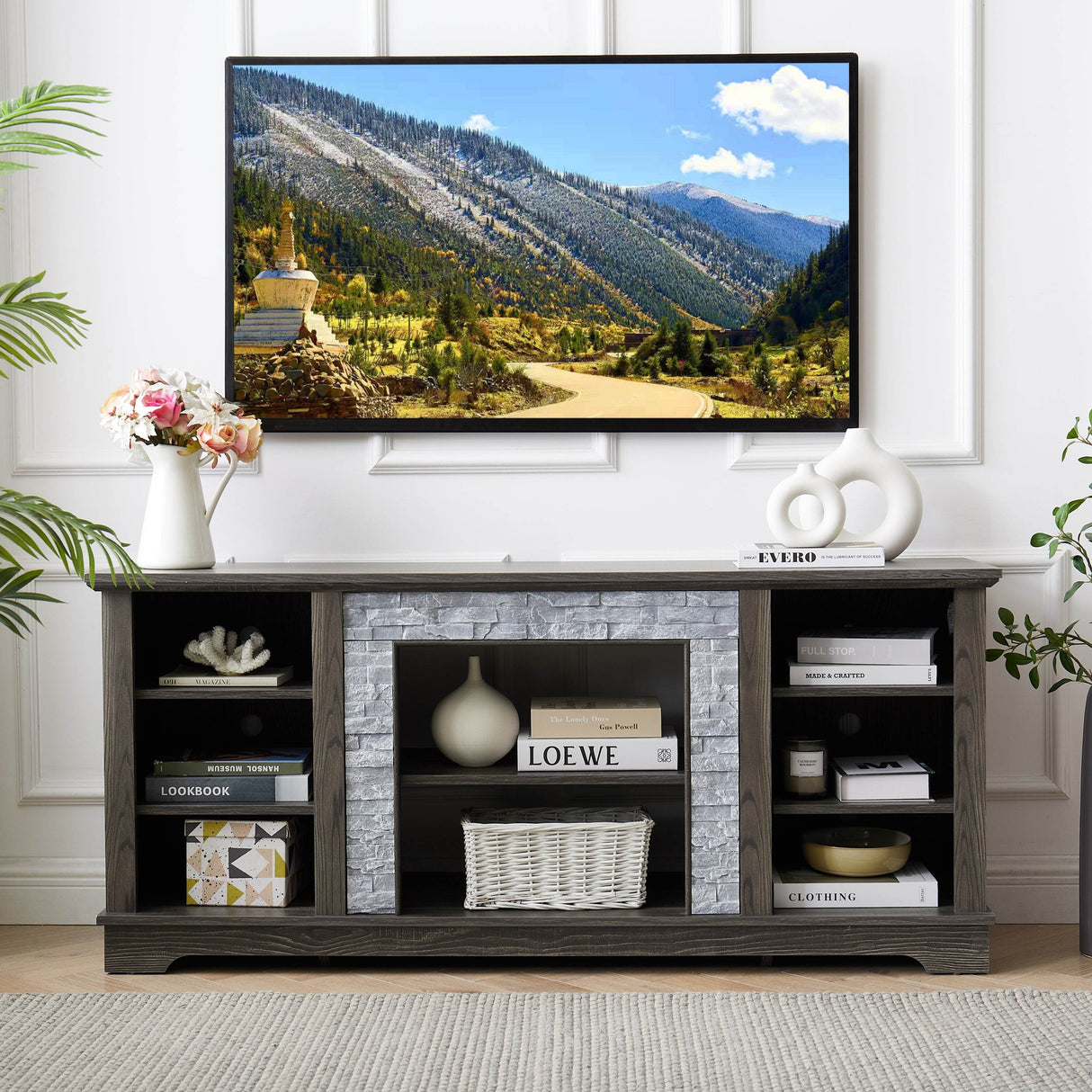 Grey Faux Stacked Stone MDF TV Media Stand Console - Sleep Galleria
