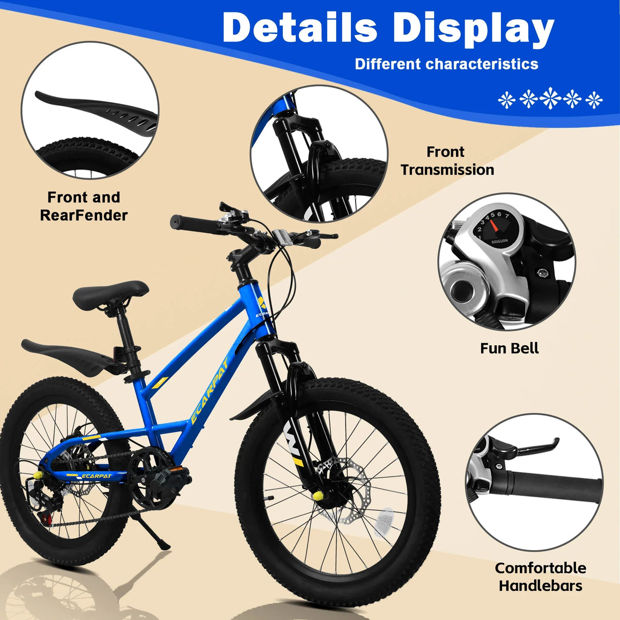 20-Inch Blue Steel Frame Kids Bike With 7-Speed Suspension - Omega Lifestyles