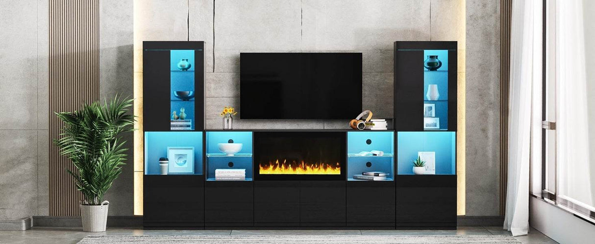 Modern Black LED Fireplace TV Stand with Shelves - Omega Lifestyles