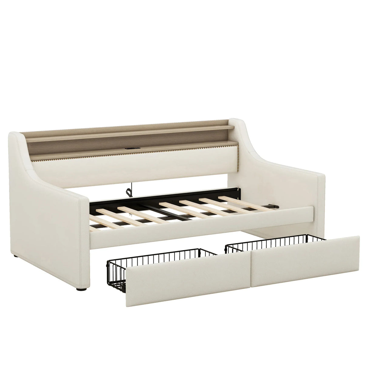 Twin PU Leather Daybed With Storage Drawers Charging Station - Omega Lifestyles