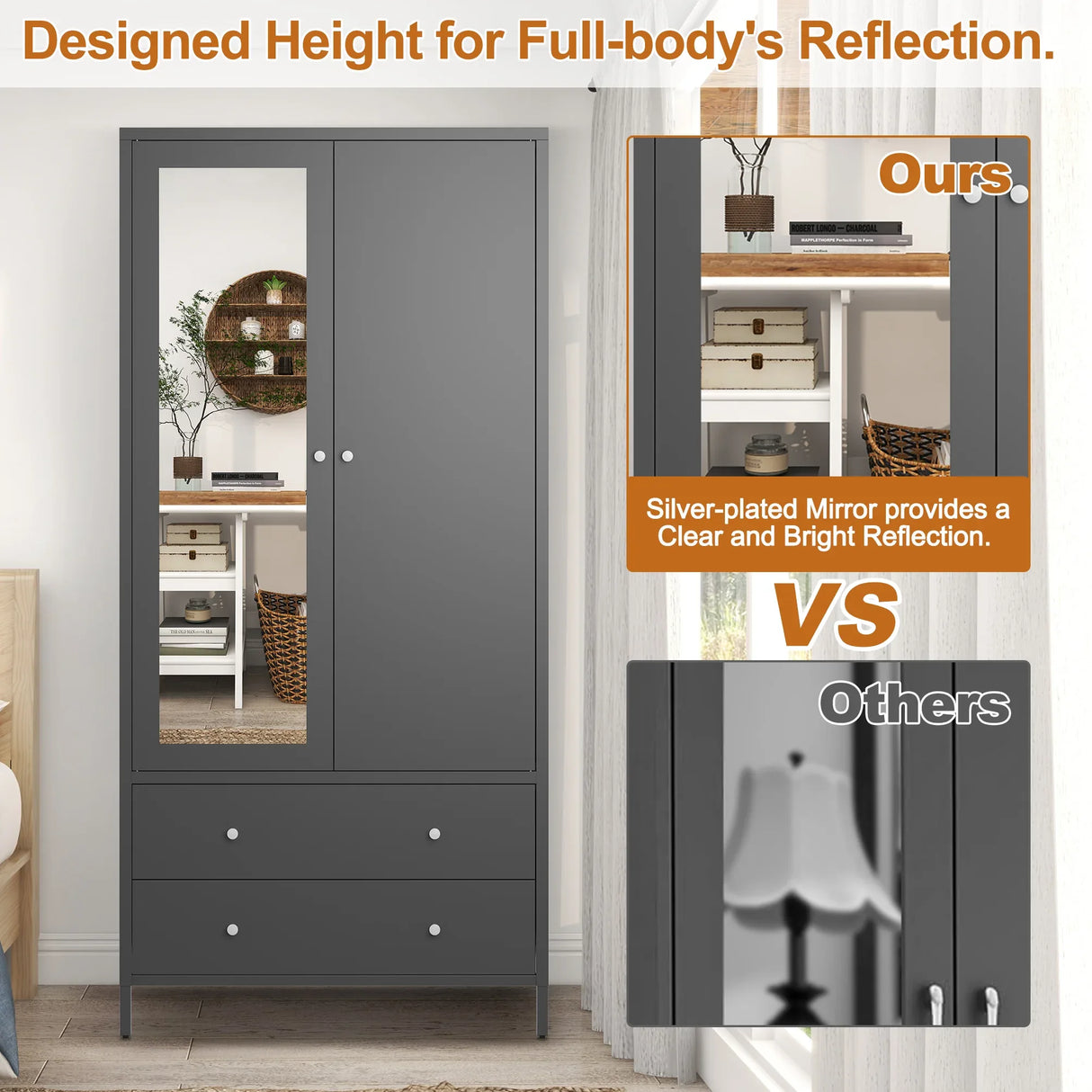 Retro Steel Armoire Wardrobe Closet With Mirror And Drawers - Omega Lifestyles