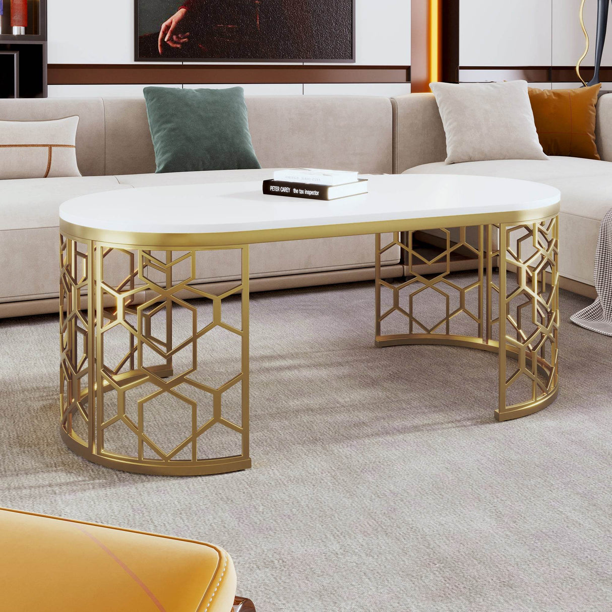 Modern Oval White MDF Gold Metal Coffee Table - Sleep Galleria