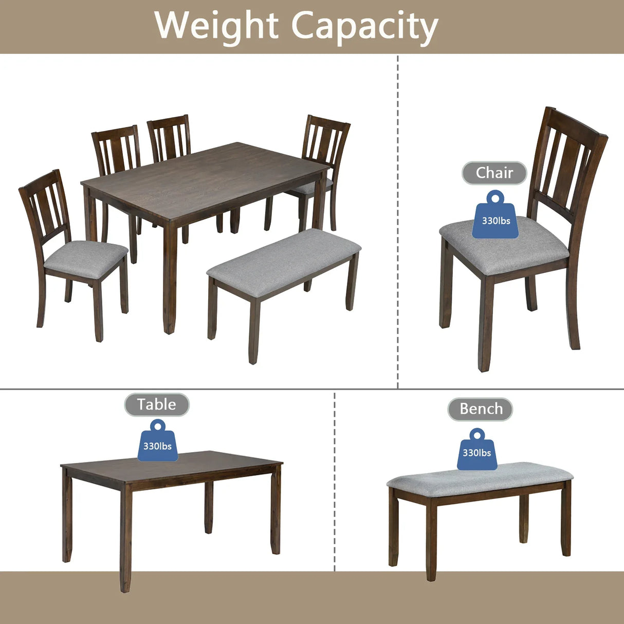 6-Piece Solid Wood Dining Table Set With Bench - Omega Lifestyles