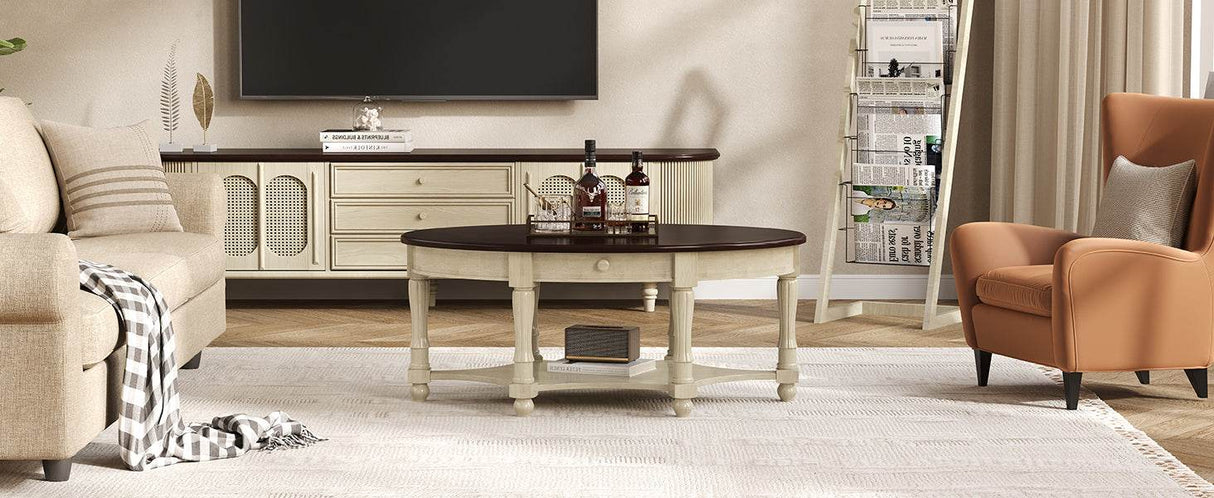 Vintage Oval Coffee Table With Drawer And Storage Shelf - Sleep Galleria