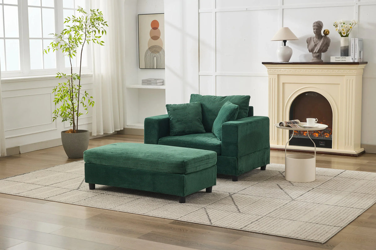 Green Corduroy Chaise Lounge Chair With Ottoman - Omega Lifestyles