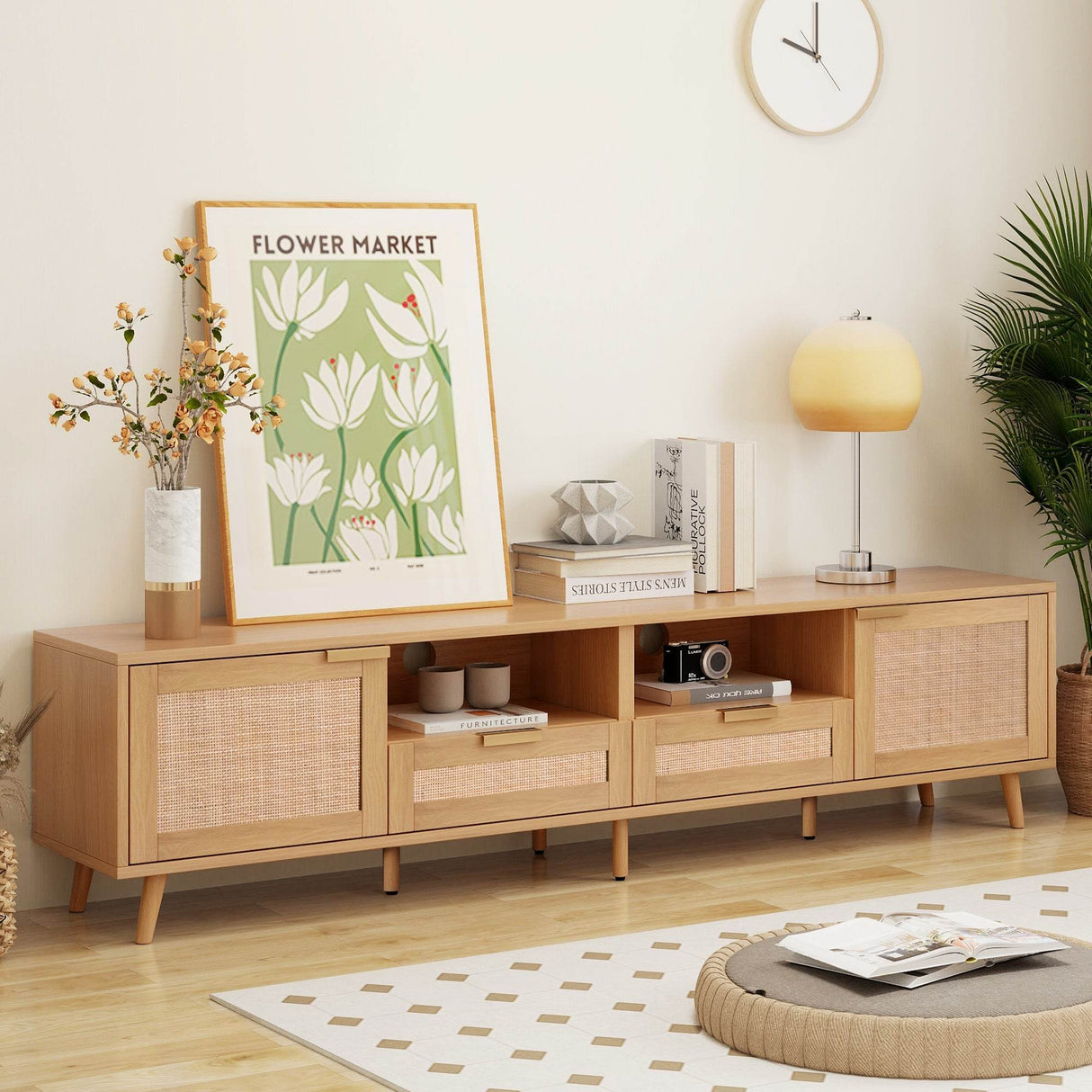 Modern Rattan TV Stand With Storage Cabinets - Sleep Galleria