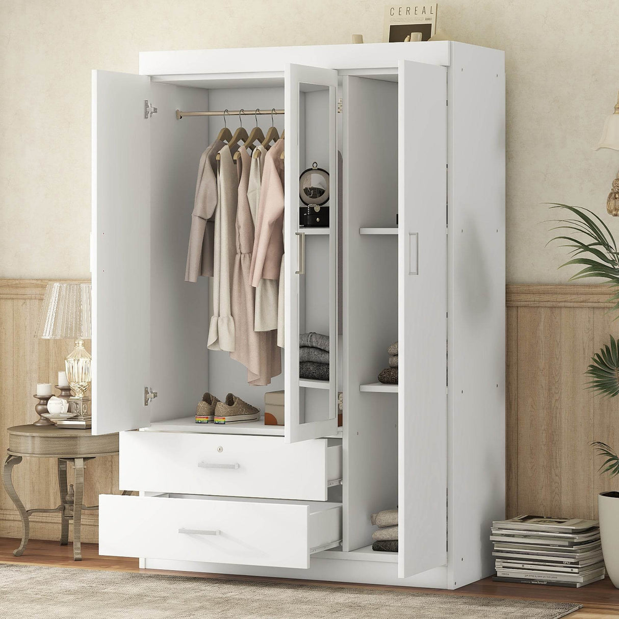 3-Door White Mirror Wardrobe With Drawers
