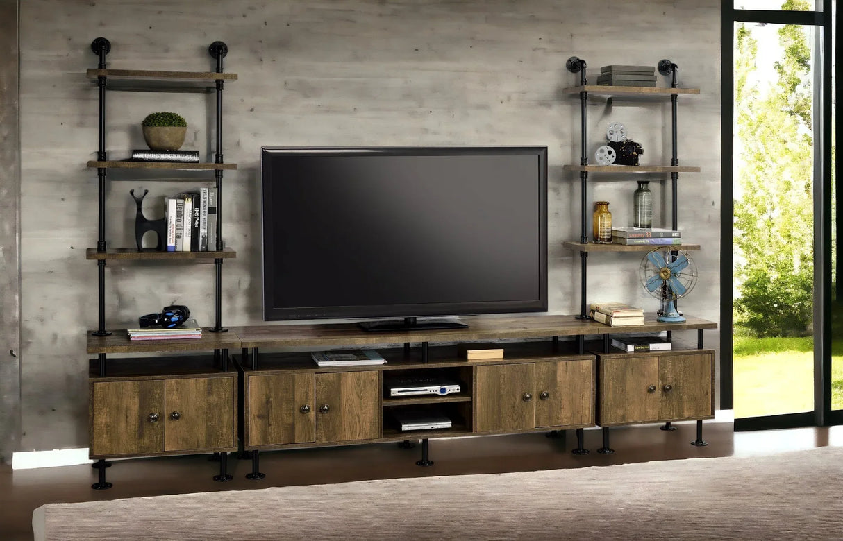 Rustic Oak Metal Frame Storage TV Stand - Omega Lifestyles