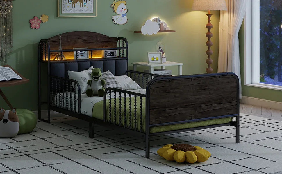 Twin Metal Platform Bed Frame With Upholstered Headboard And LED Light - Omega Lifestyles