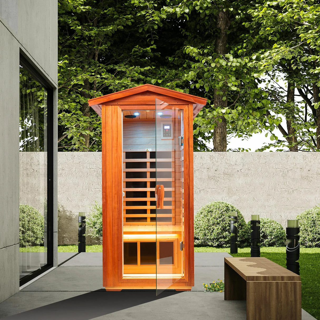 Far Infrared Khaya Wood Outdoor Sauna Room - Omega Lifestyles