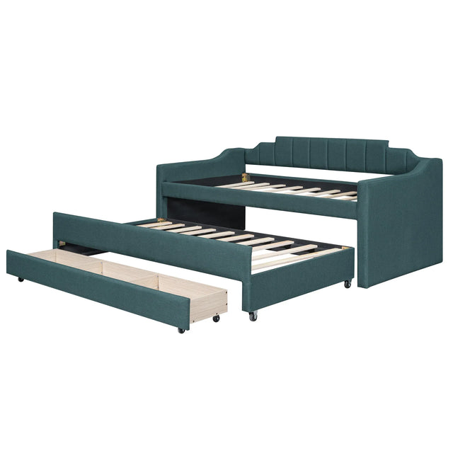 Twin Linen-Blend Upholstered Daybed With Trundle And Drawers - Omega Lifestyles