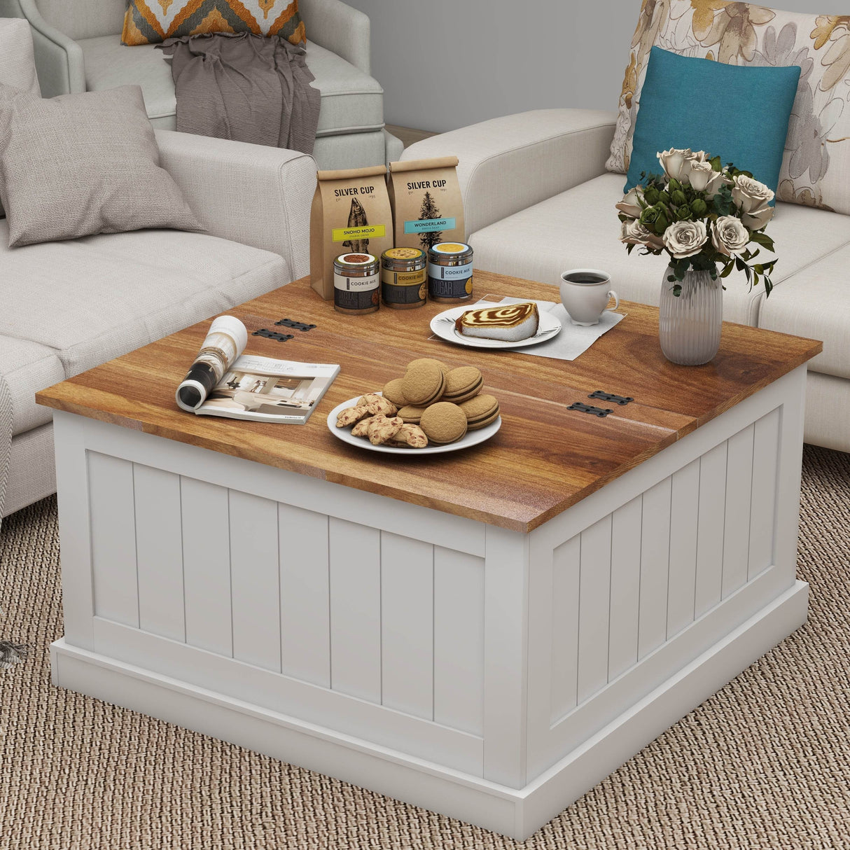 Farmhouse Style White Square Lift Top Coffee Table - Sleep Galleria