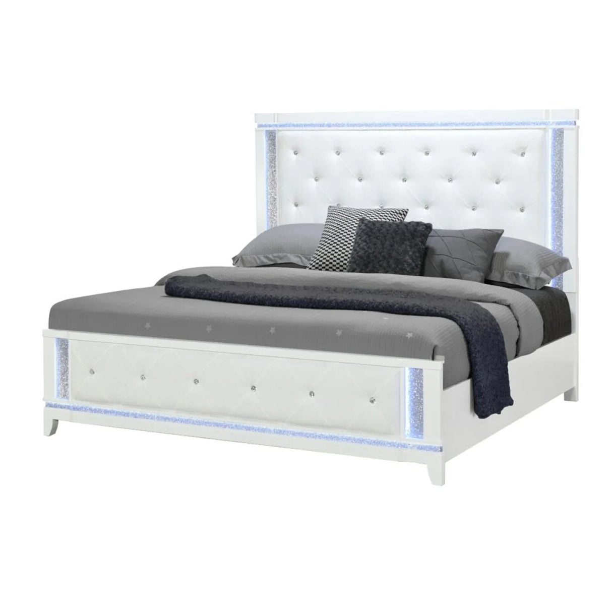 King Contemporary White Tufted Panel Bed Frame With LED Lights - Omega Lifestyles