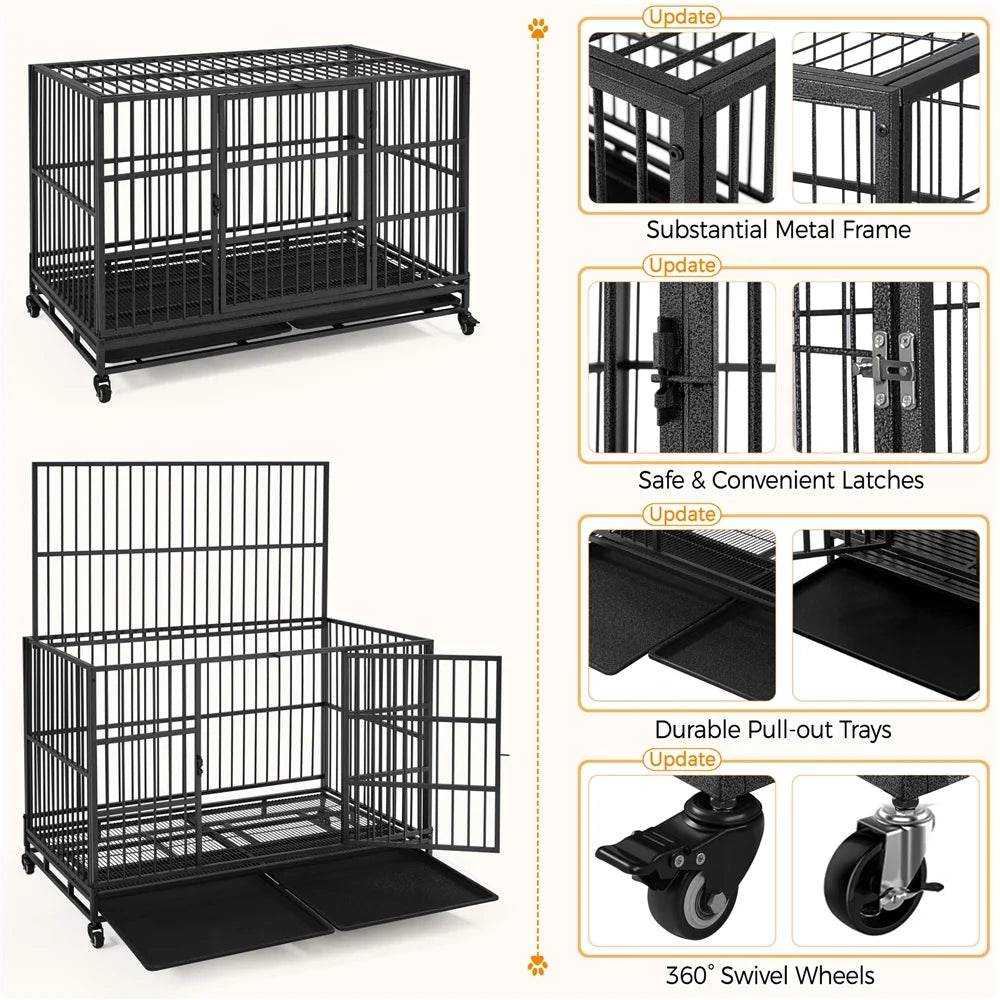 48-Inch Indestructible Rolling Dog Crate with Open-Top Design, Black