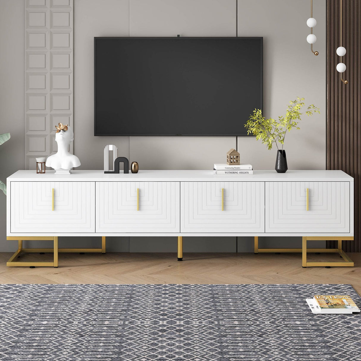 Modern White Gold Metal Legs TV Stand With Cabinets - Sleep Galleria