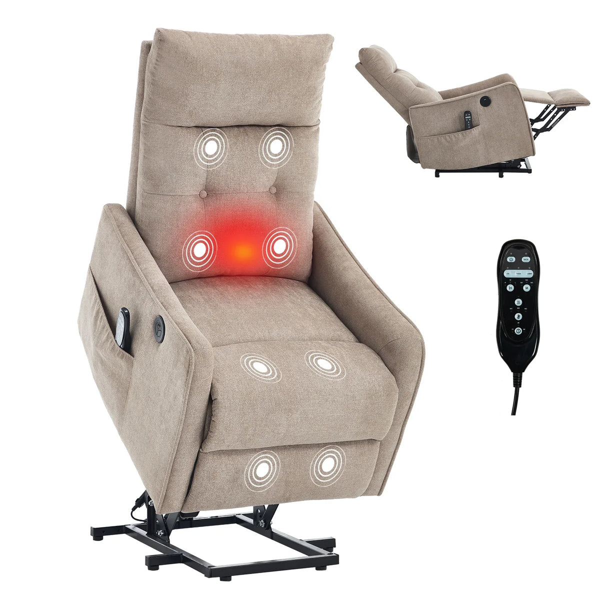 Khaki Chenille Medium-Firm Power Lift Massage Recliner Chair - Omega Lifestyles