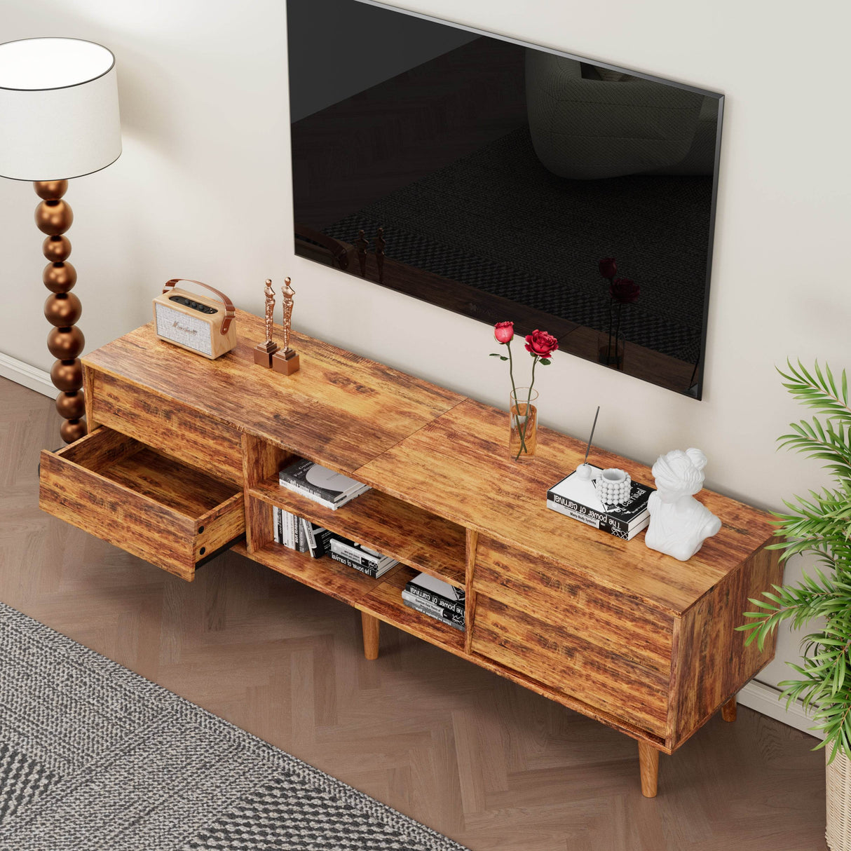 63-Inch Vintage Style Brown MDF TV Stand - Sleep Galleria