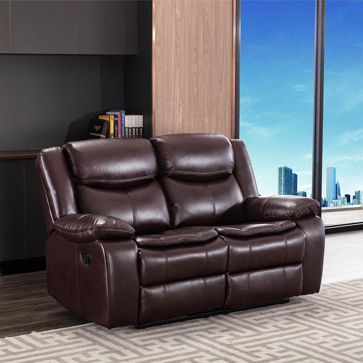 Breathable Dark Brown Leather Manual Reclining Loveseat