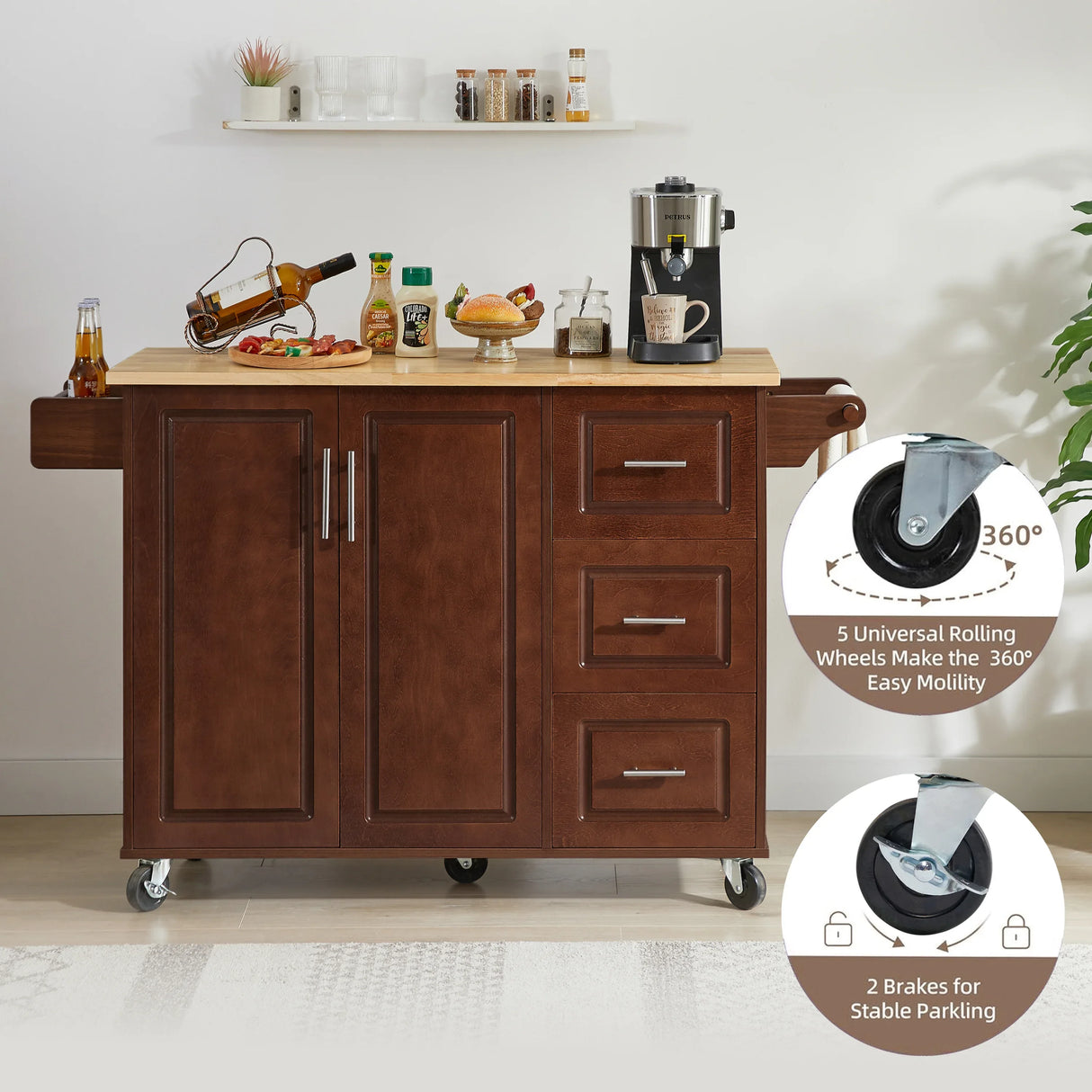 Rolling Kitchen Island Cart With Drop-Leaf Rubberwood Countertop - Omega Lifestyles