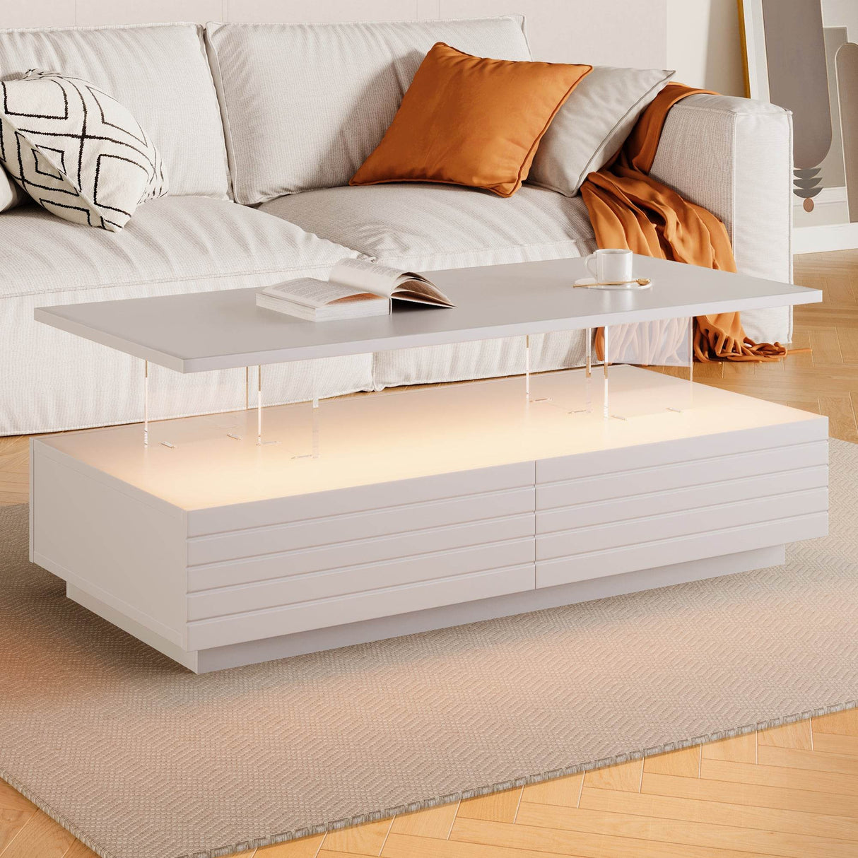 Modern White LED Lighting Coffee Table With Drawers - Sleep Galleria