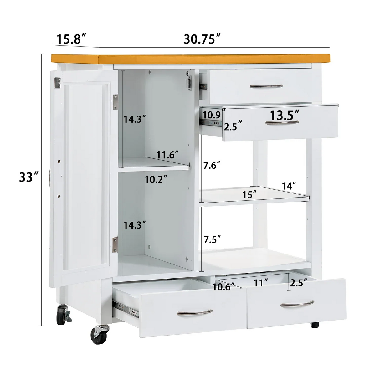 White Rolling Kitchen Island Cart With Drawers And Wheels - Omega Lifestyles