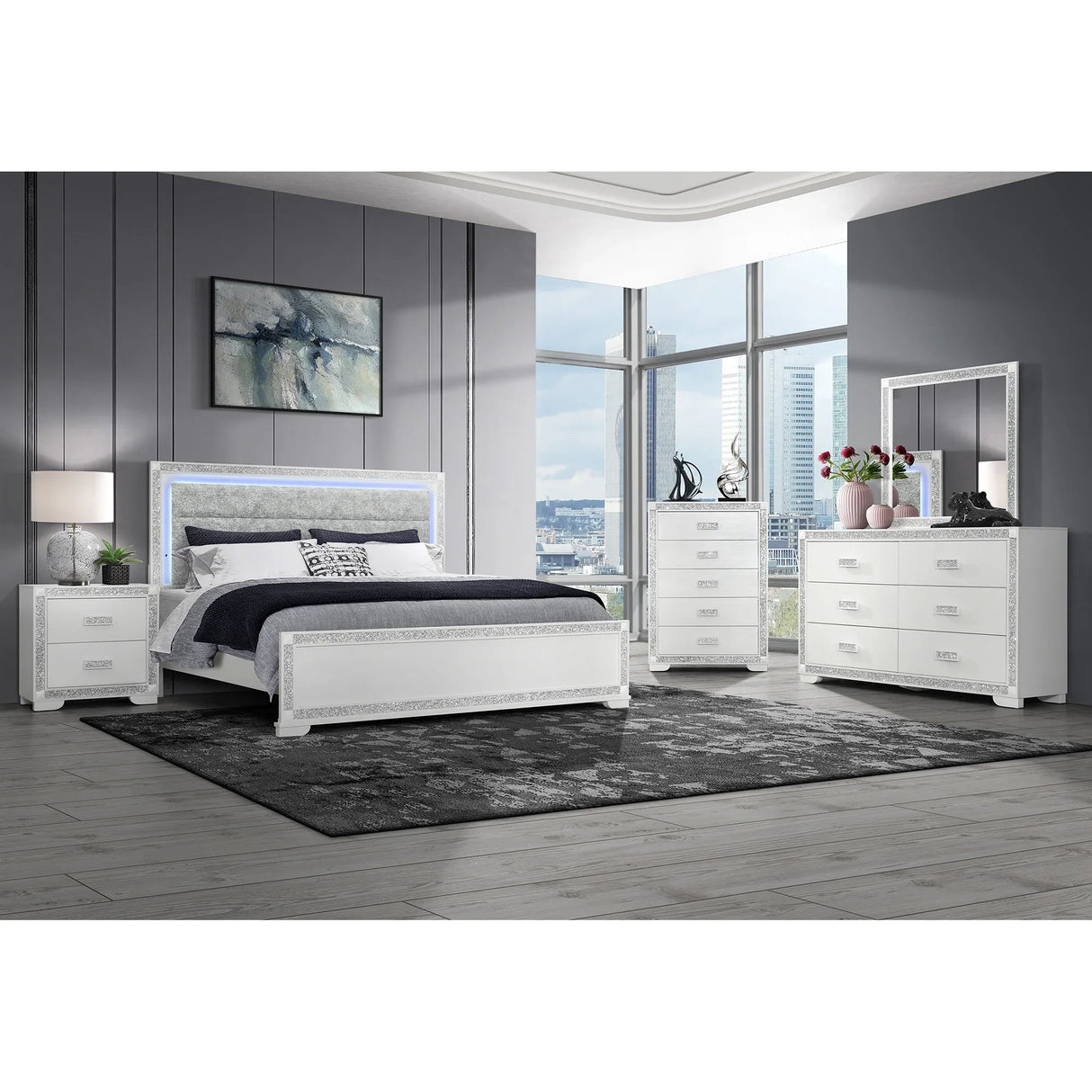 King Modern White 5-Piece Bedroom Furniture Set - Omega Lifestyles