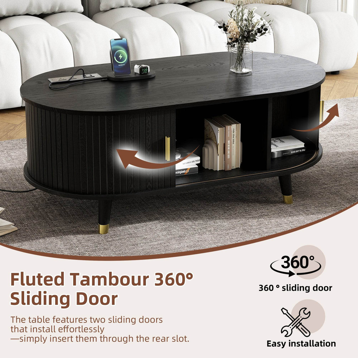Mid-Century Modern Black Fluted Coffee Table With Charging Station - Sleep Galleria