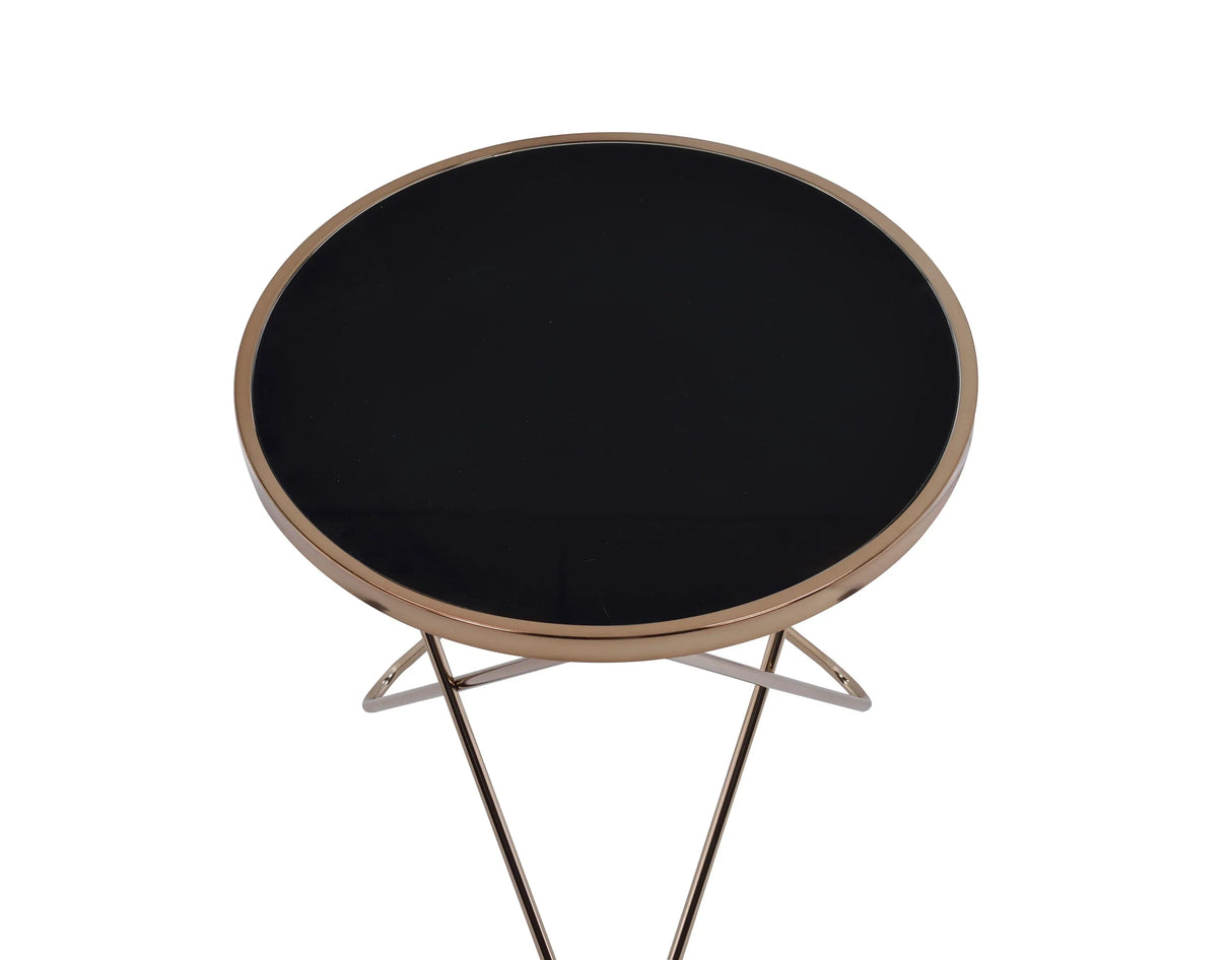 Black Glass Metal Round End Table Champagne Finish - Omega Lifestyles